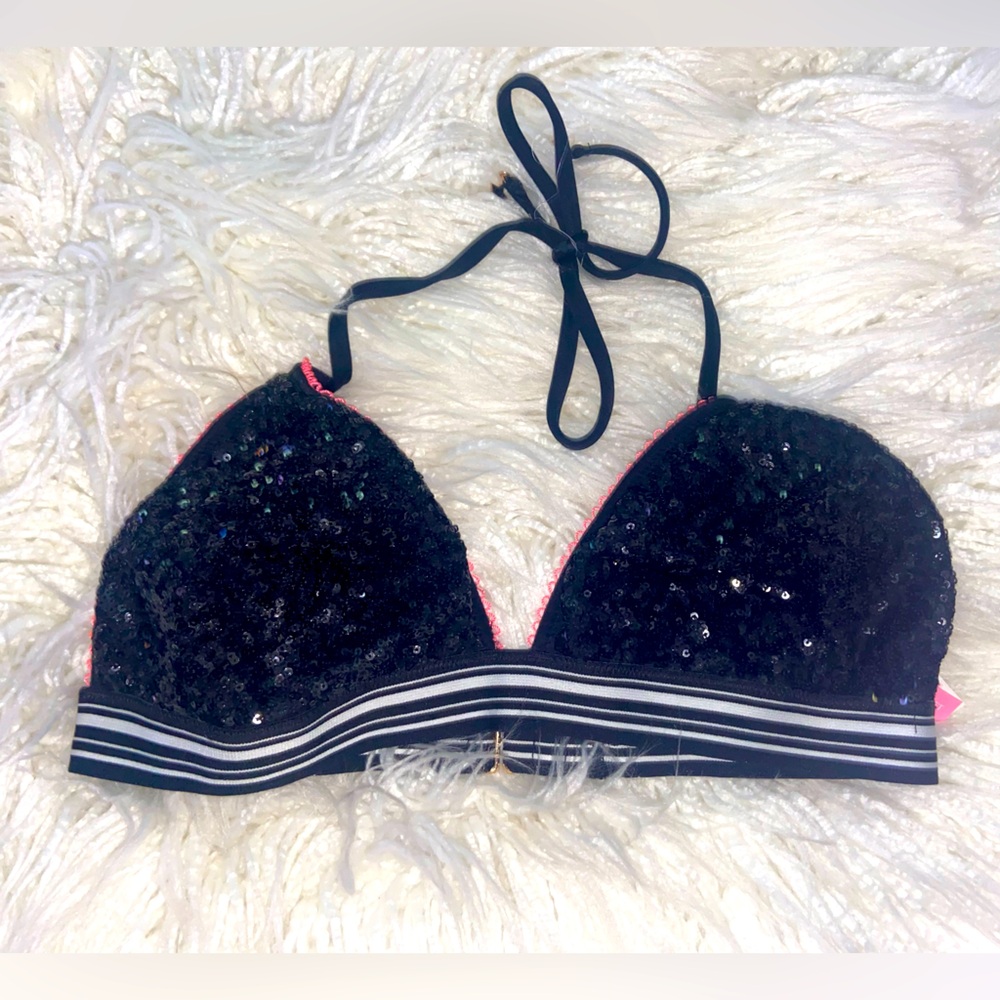Victoria's Secret Black Sequin Bikini Top with Pink Trim - Picture 1 of 5